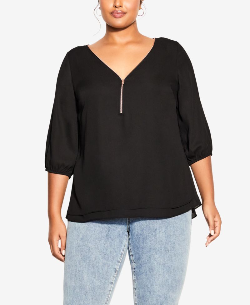 Women's Fashion Fling Elbow Sleeve Zip Neck Top