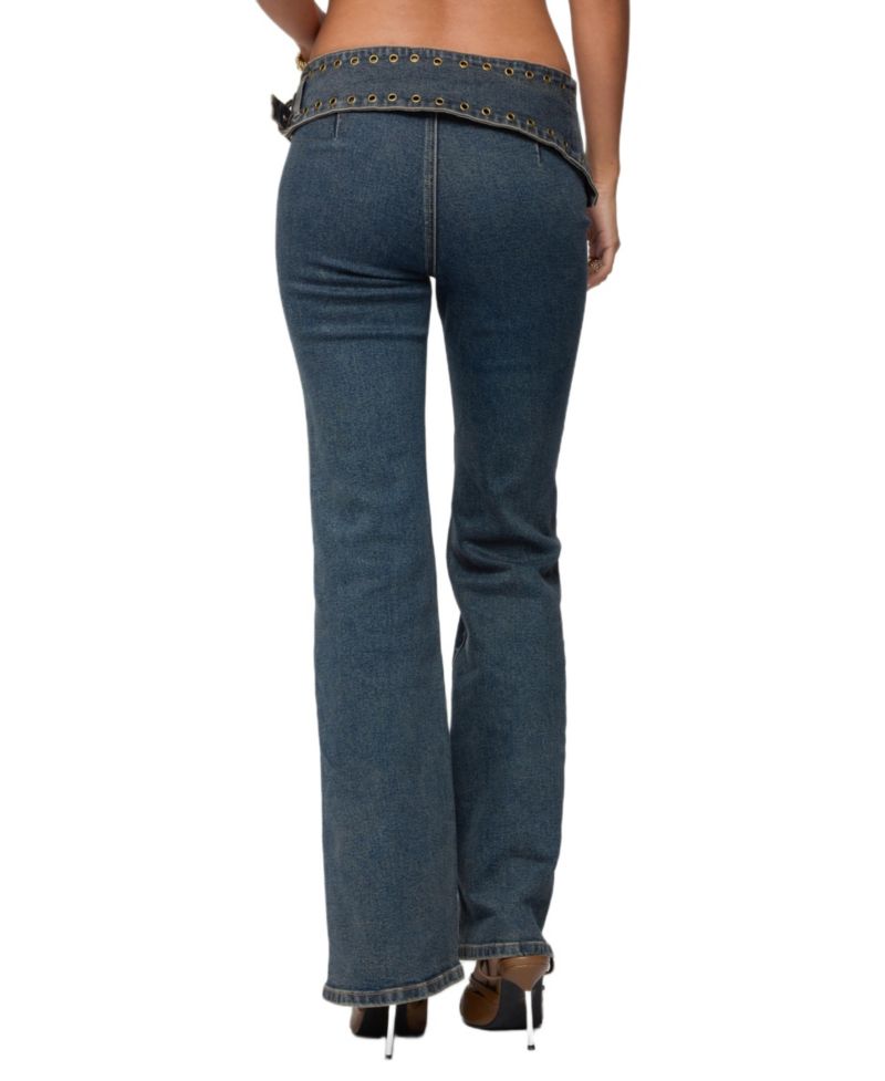 Women's Asymmetric Grommet Belt Low Rise Flared Jeans