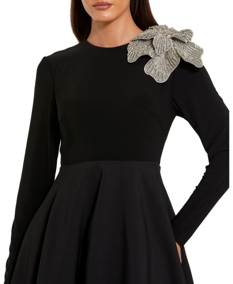 Petite Long Sleeve Taffeta 3D Flower Ball Gown