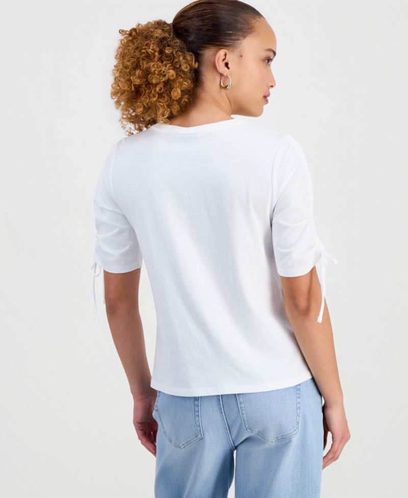 Petite Cotton Tie-Sleeve Round-Neck Top