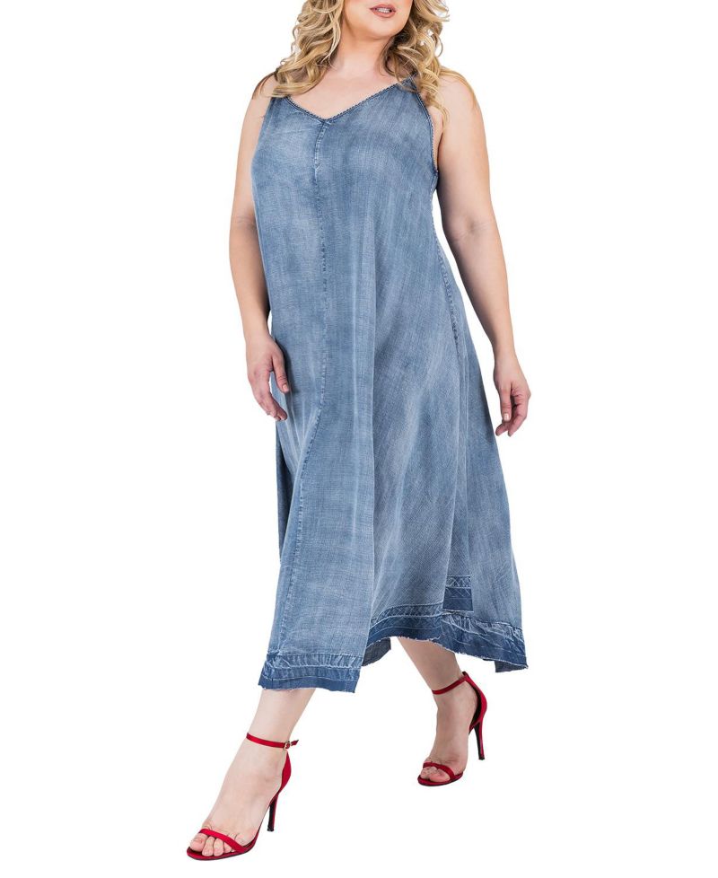 Plus Size Denim Tencel Raw Hem Maxi Slip Dress