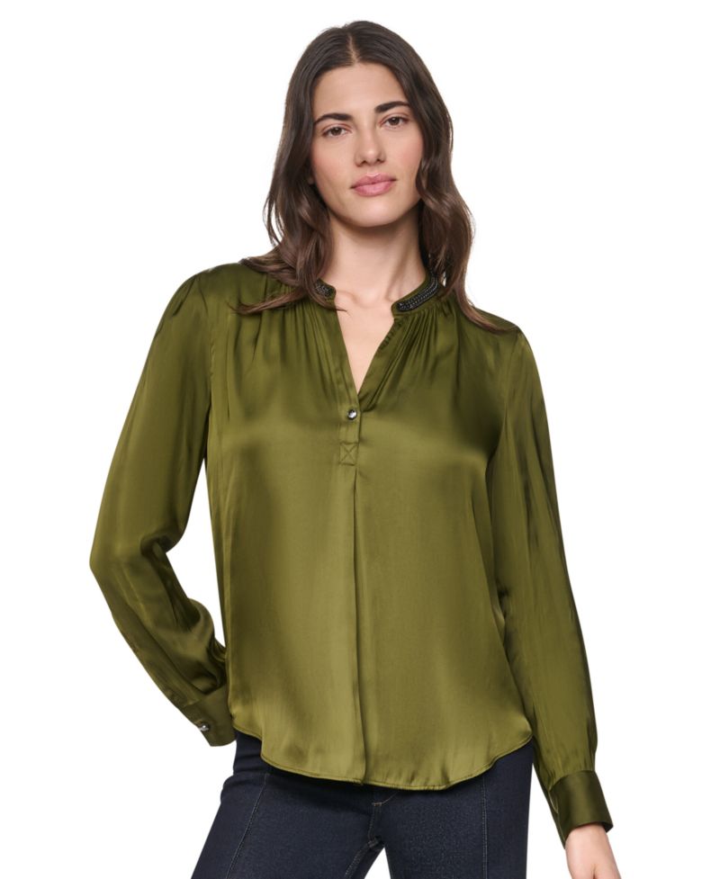 Women's V-Neck Satin Long-Sleeve Top