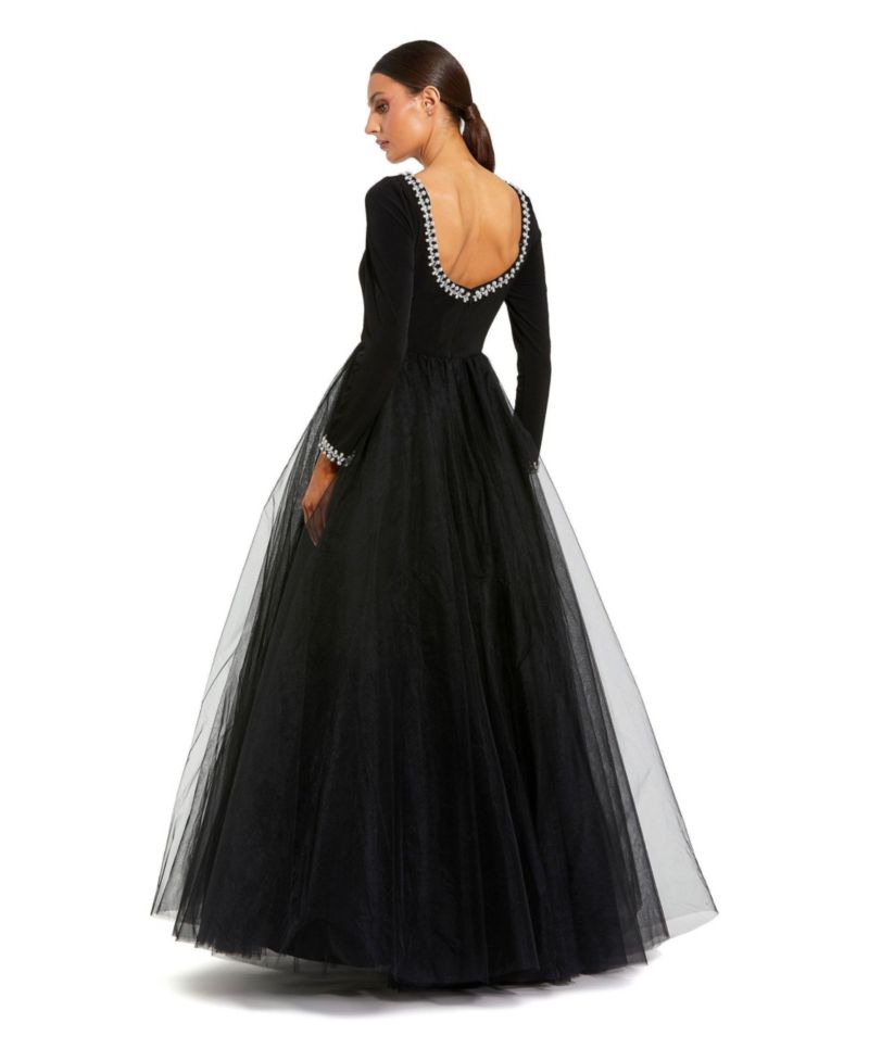 Women's Embellished Jersey Long Sleeve Ballgown With Tulle Skirt
