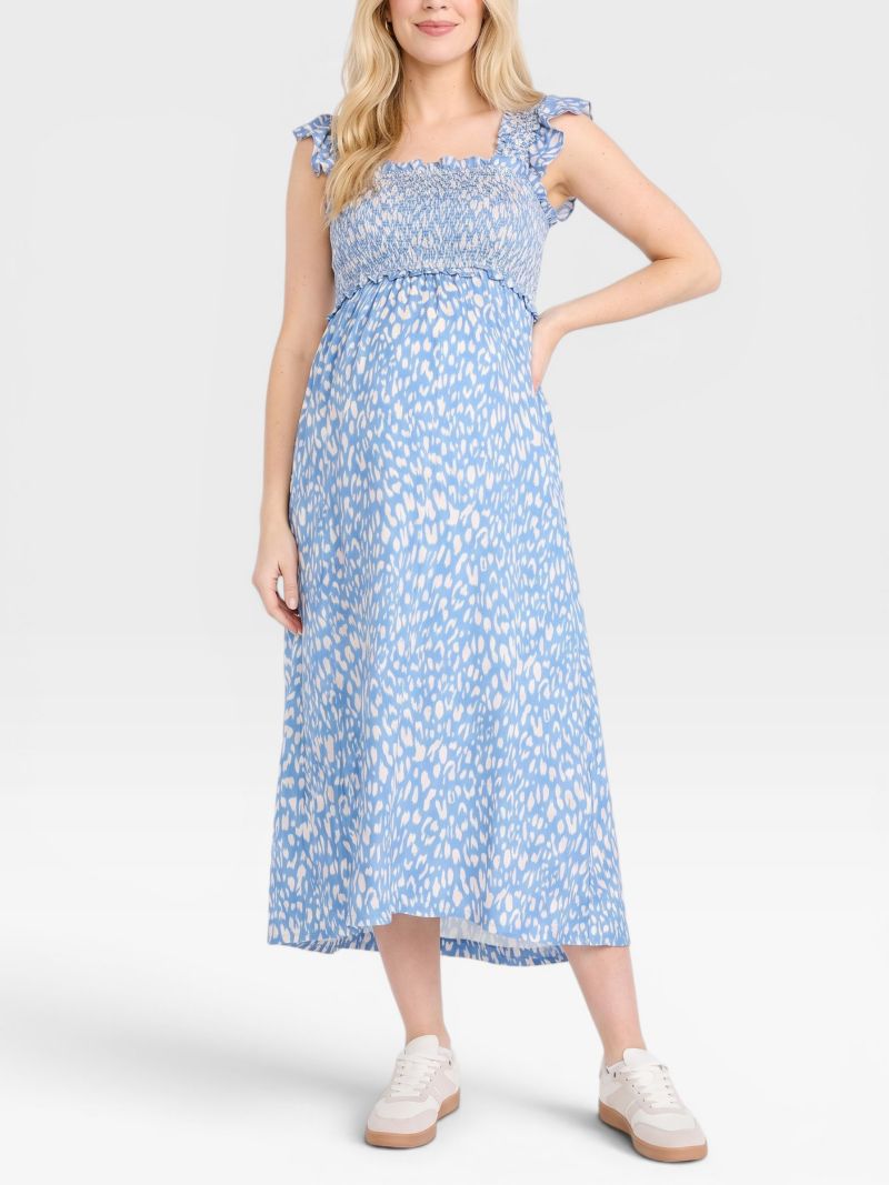 Women's Sleeveless Ruffle Shoulder Smocked Maxi Dress - Motherhood