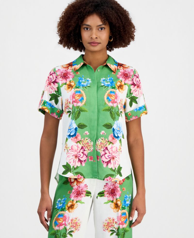 Women's Collared Short-Sleeve Floral Blouse
