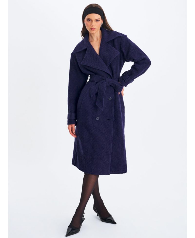 Women Jaelyn Midnight Blue Wool Blend Double-Breasted Belted Coat