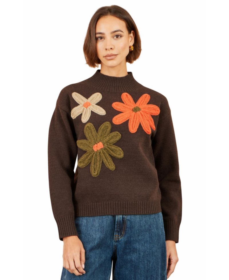Women's Applique Flowers High Neck Jumper