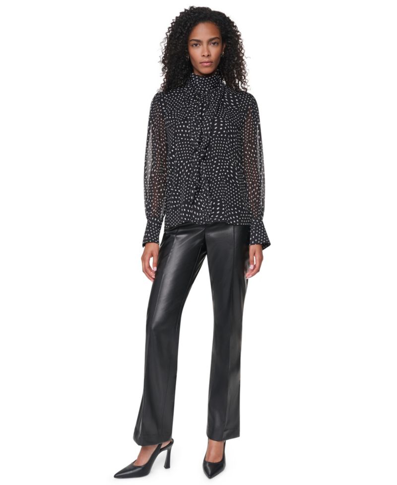 Women's Mock Neck Long Sleeve Polka Dots Blouse