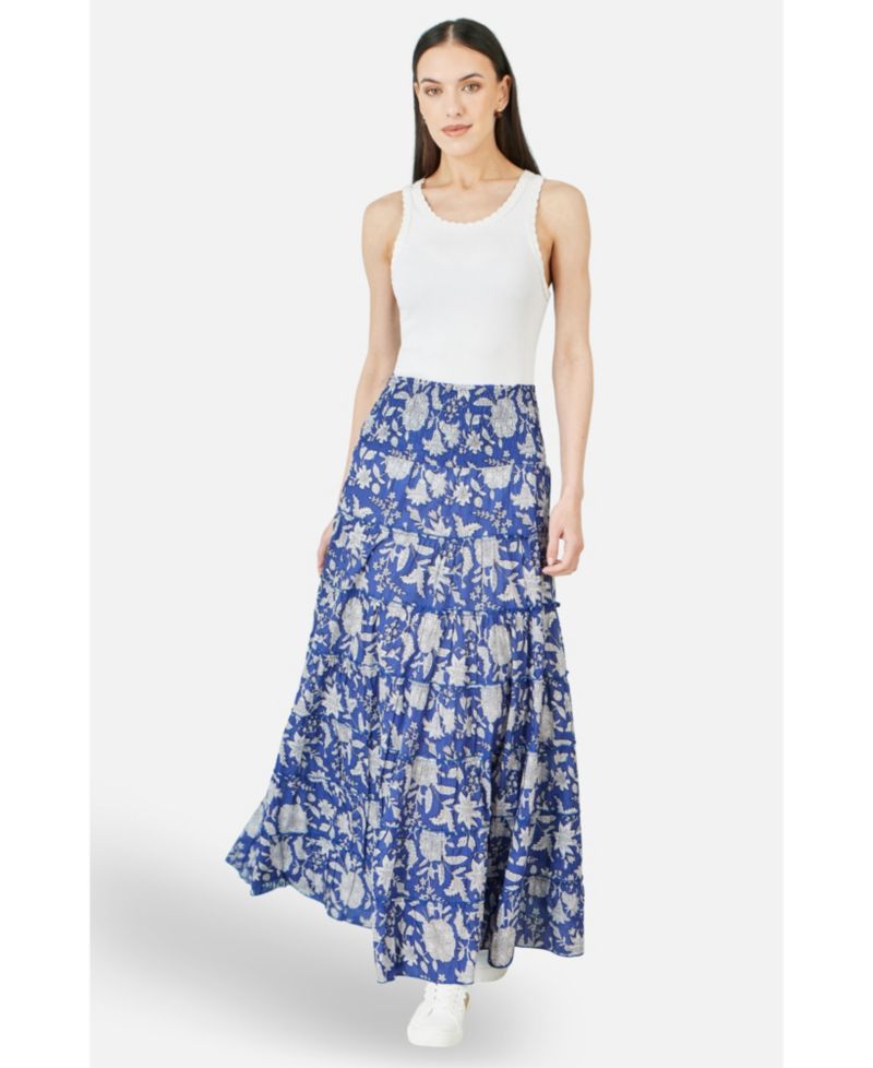 Women's Floral Cotton Tiered Maxi Skirt