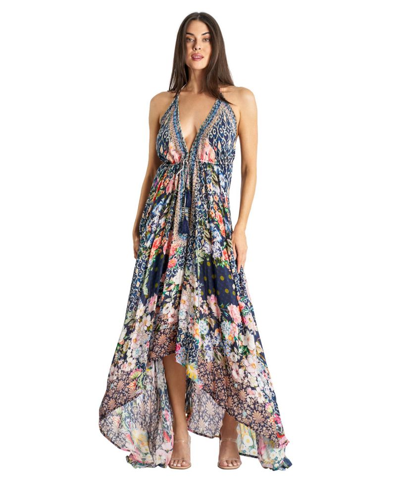 Women's Maxi Tropical Print Halterneck Dress