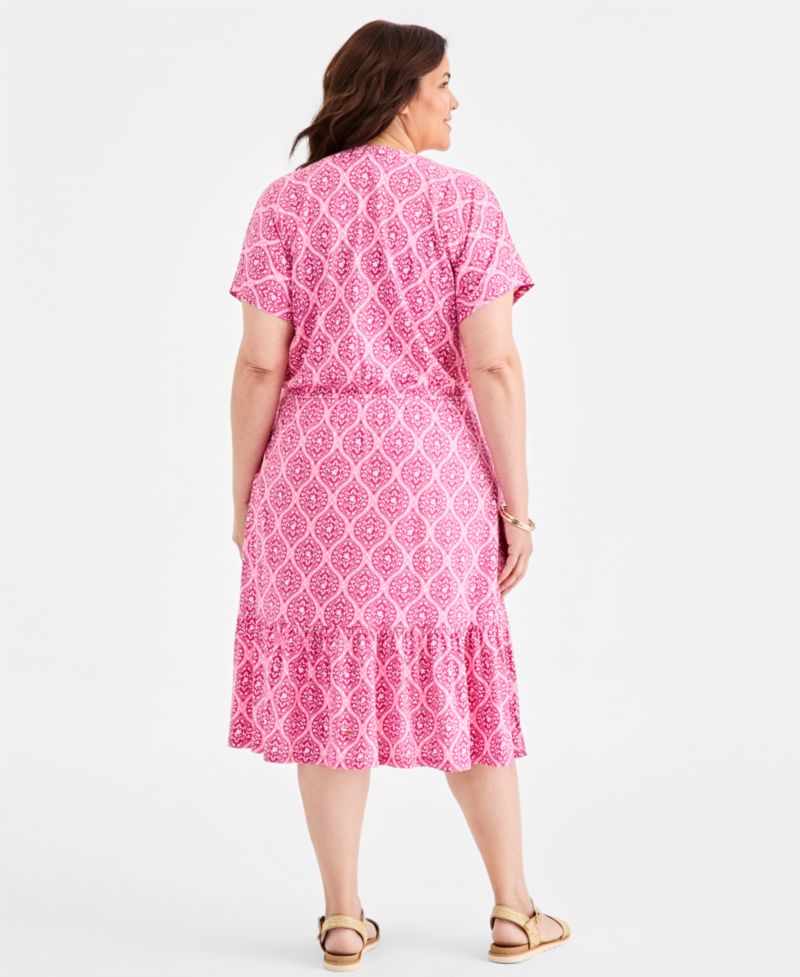 Plus Size Printed Split-Neck Tiered Midi Dress