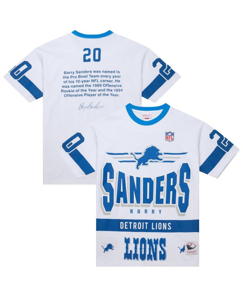 Men's Barry Sanders White Detroit Lions Name & Number Team Origins Vintage Logo T-Shirt