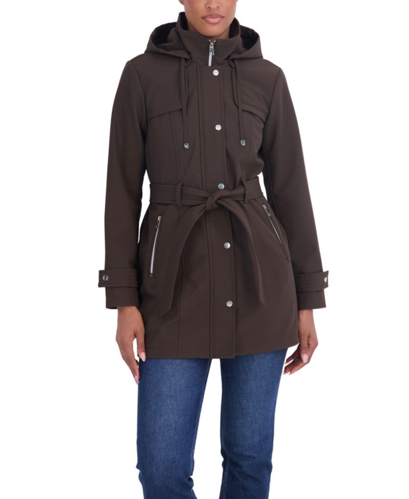 Women's Belted Zip Front Soft Shell Trench Coat With Detachable Hood