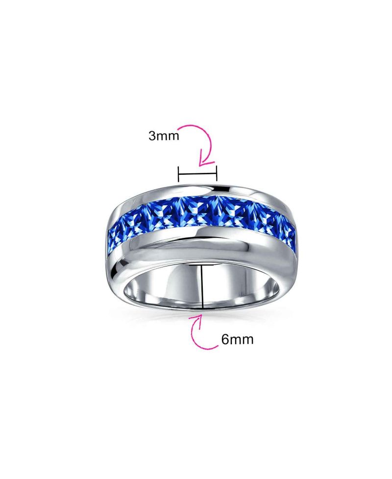 Channel Set Sapphire Blue CZ Cubic Zirconia Square Invisible Cut Wedding Band Ring Sterling Silver 9MM