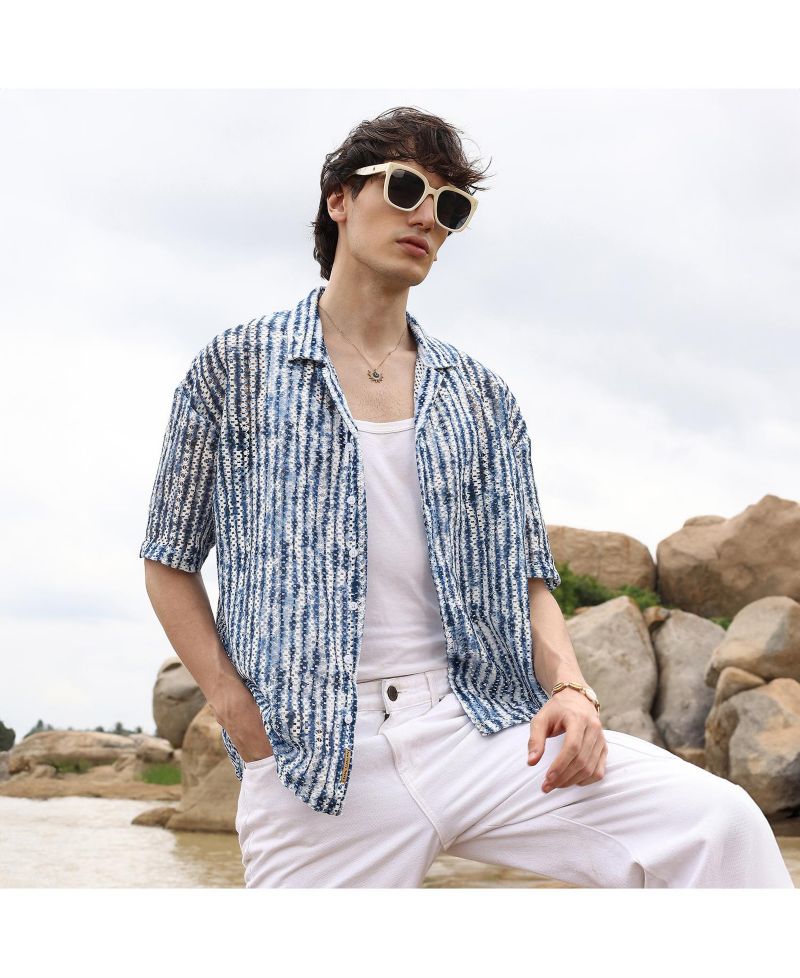Men's Navy Blue & Ivory White Ombre-Striped Oversized Shirt