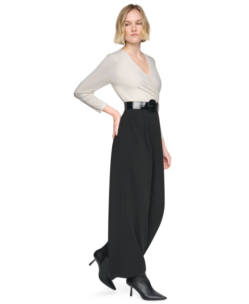 Women's 3/4 Sleeve Wide-Leg Surplice Jumpsuit