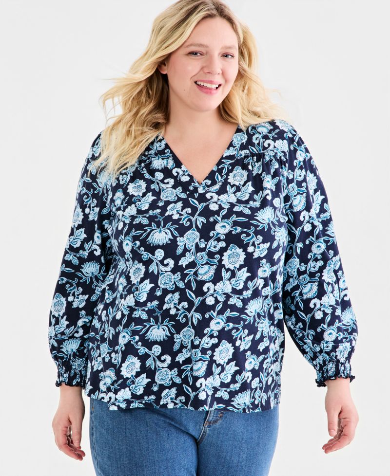Plus Size Printed Smocked-Cuff Long-Sleeve V-Neck Top