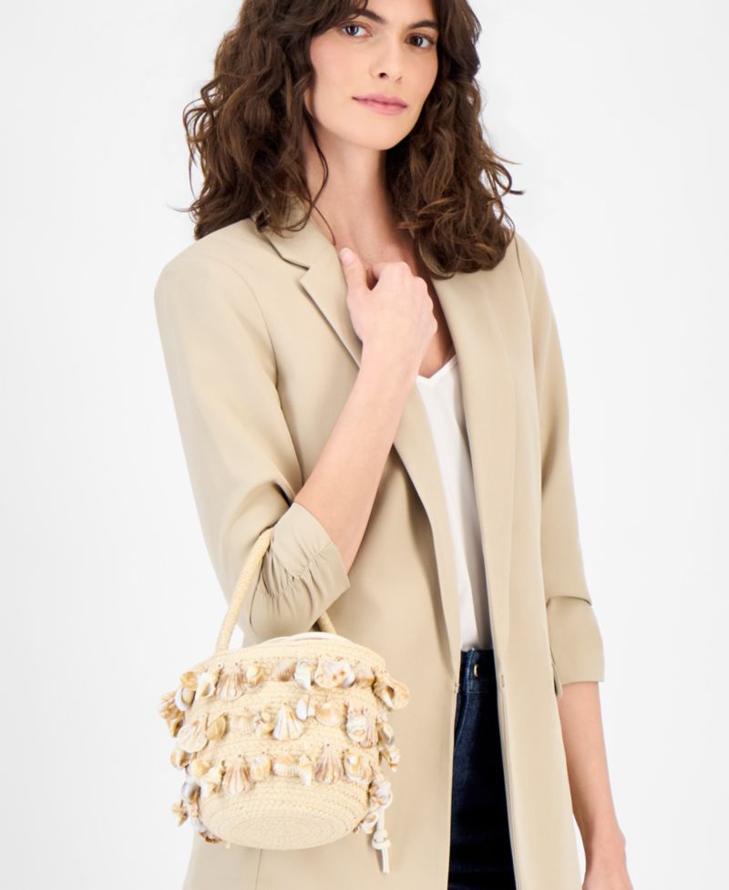 Shell Embellished Straw Bucket Bag