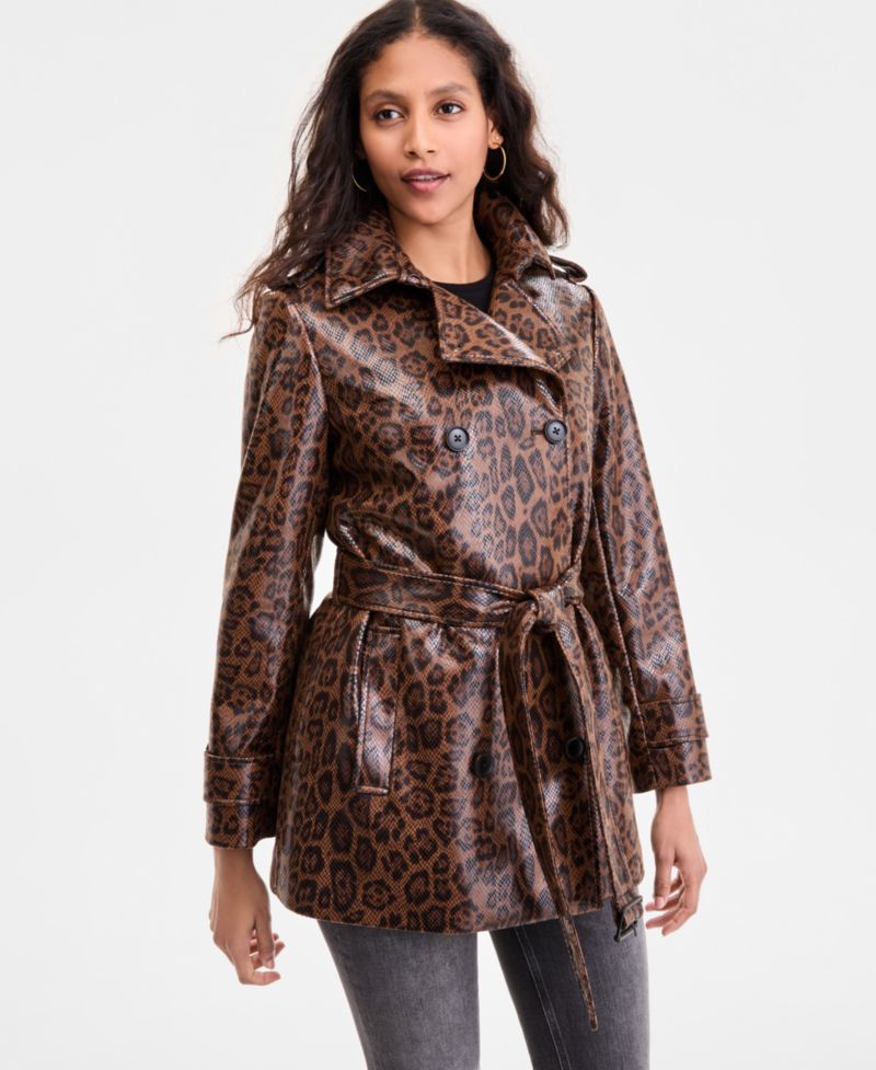 Petite Double-Breasted Faux-Leather Belted Trench Coat