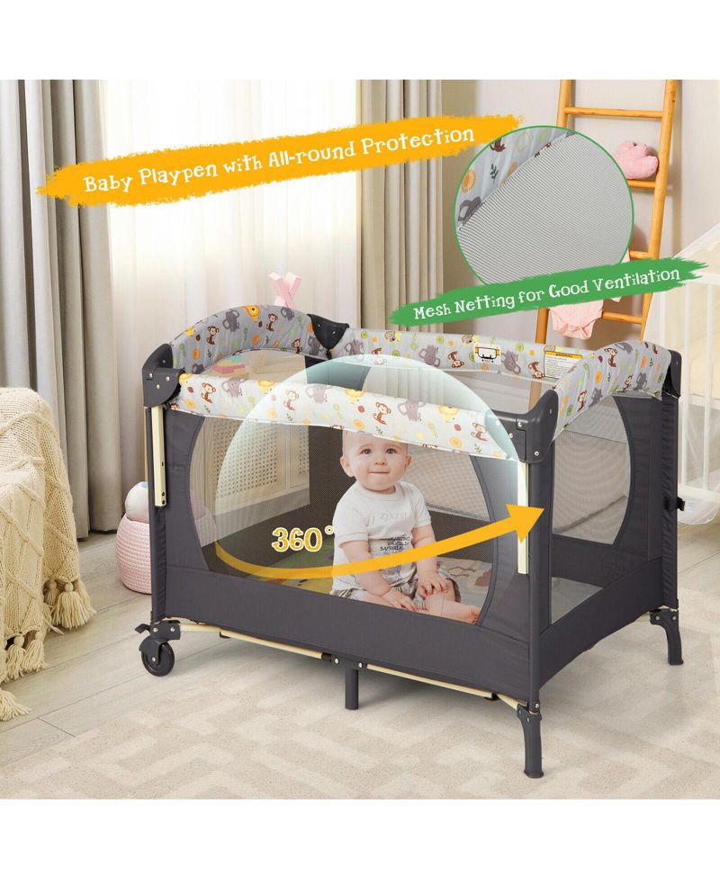 3-in-1 Convertible Portable Baby Playard with Music Box and Wheel and Brakes