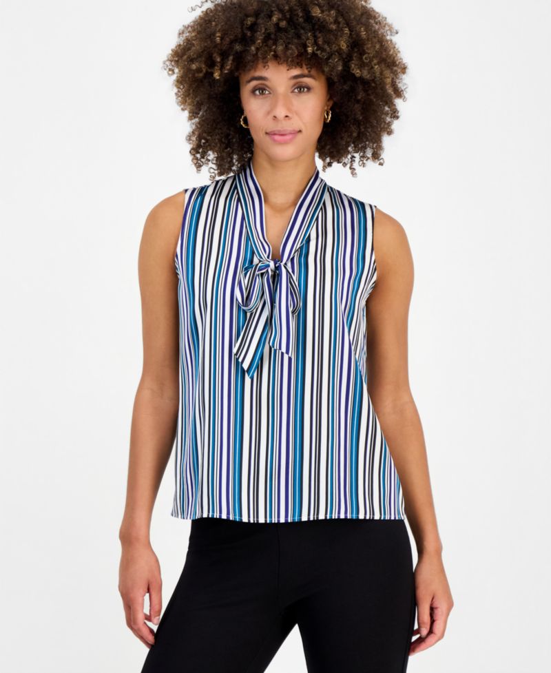 Women's Printed Tie-Neck Sleeveless Blouse