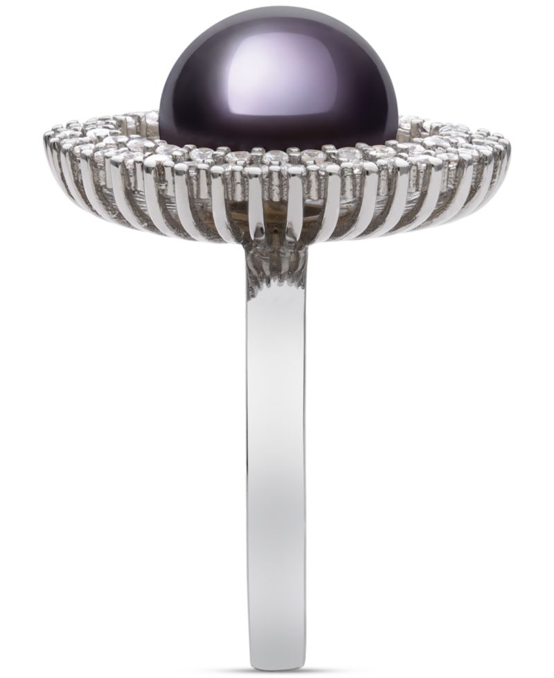 Peacock Black Cultured Freshwater Pearl (10mm) & Cubic Zirconia Halo Ring in Sterling Silver (Also in White Cultured Freshwater Pearl)