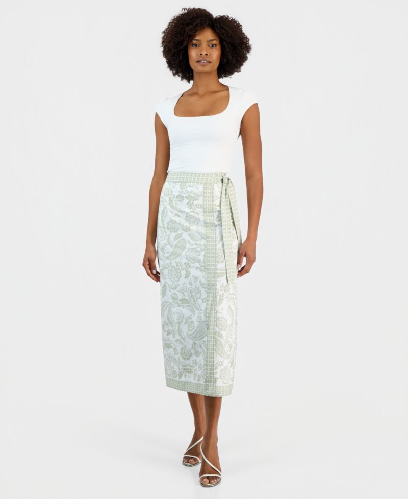 Women's Paisley-Print Faux-Wrap Midi Skirt