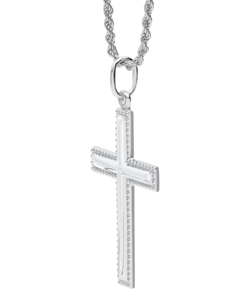 Beaded Edge Cross Pendant Necklace in Sterling Silver
