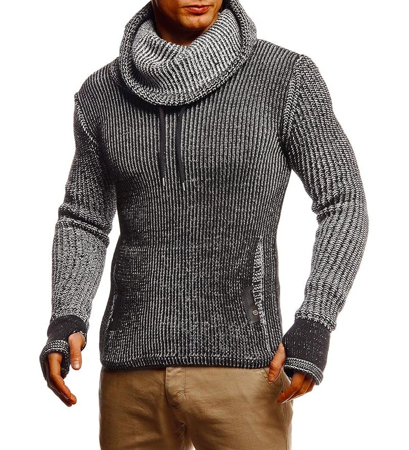 Men's Cowl Neck Knitted Pullover with Thumbhole Cuffs