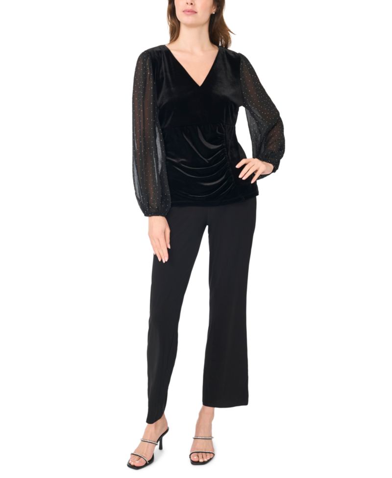 Petite Surplice Wrap Long-Sleeve Velvet Top
