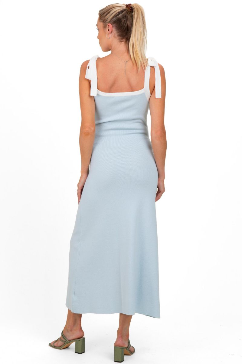Women's Light Blue Knit Contrast Shoulder Tie Dress
