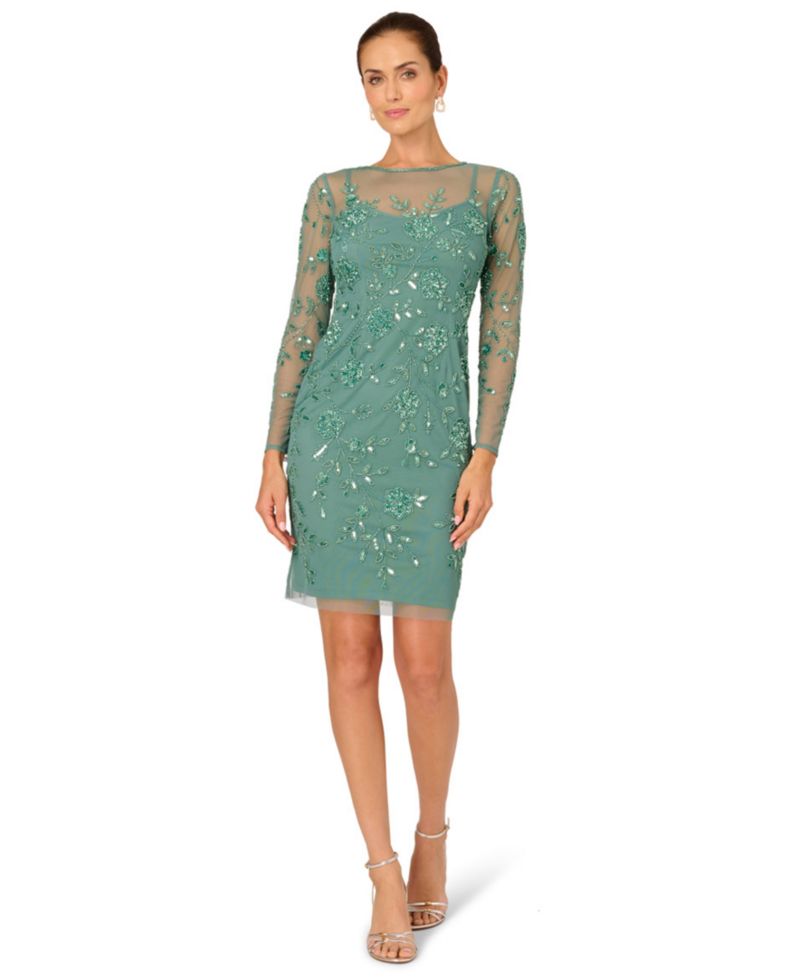 Women's Crew Neck Beaded Mesh Sheath Dress