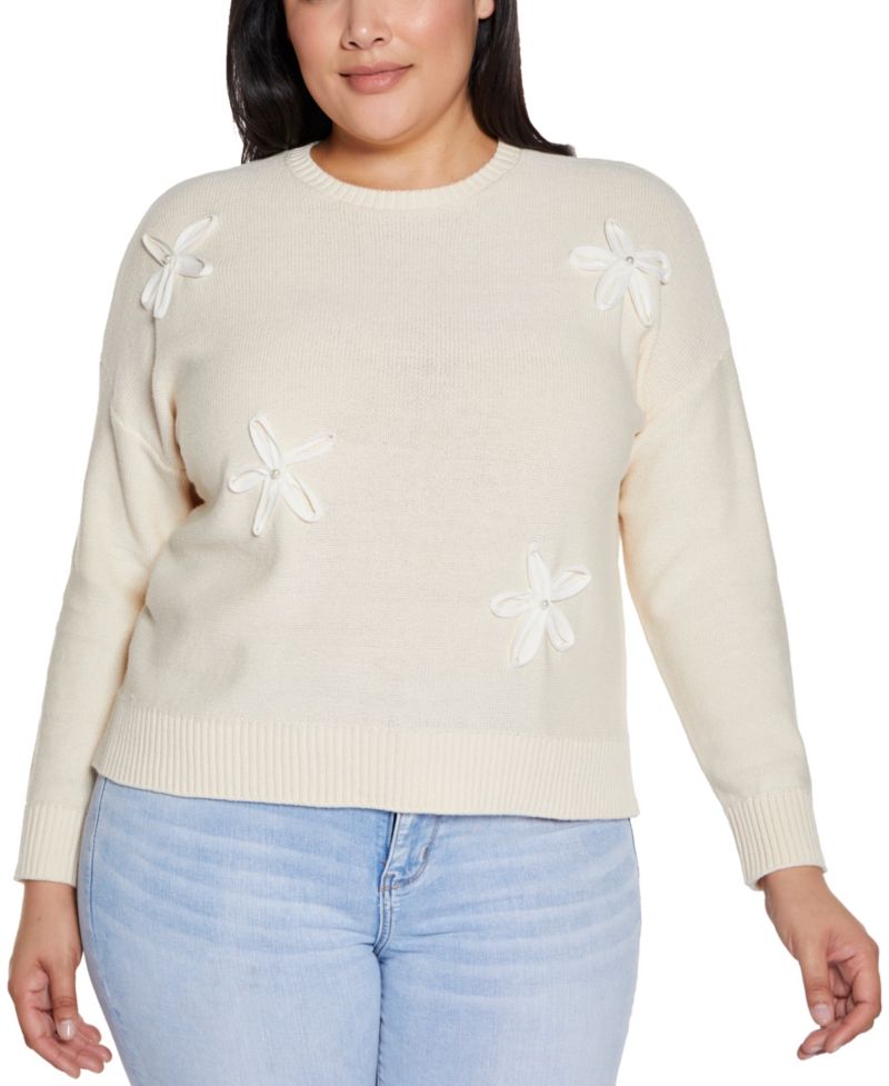 Plus Size 3D Floral Crewneck Trim Sweater