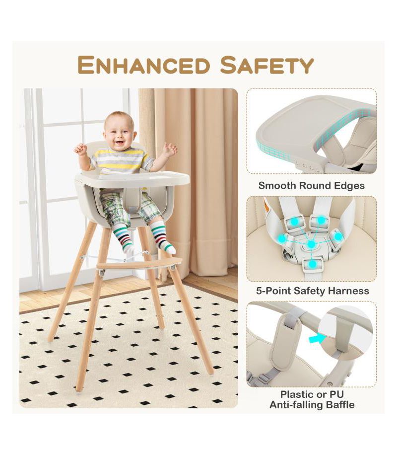 3 in 1 Convertible Wooden High Chair with Soft Cushion for Babies