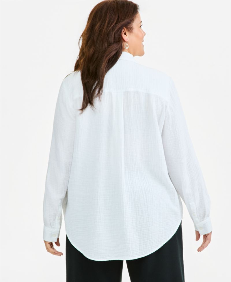 Plus Size Button-Front Collared Long-Sleeve Shirt