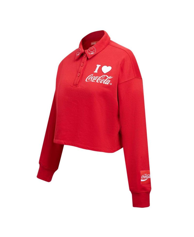 Women's Red Coca-Cola Ice Cold Long Sleeve Cropped Polo Shirt