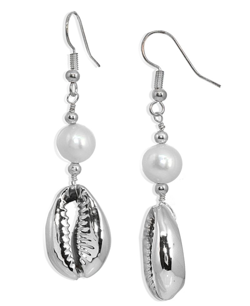 Freshwater Pearl Puka Shell Drop Earring in Silver Plate