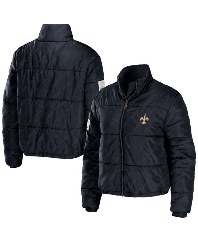 Women's Black New Orleans Saints Puffer Full-Zip Cropped Jacket