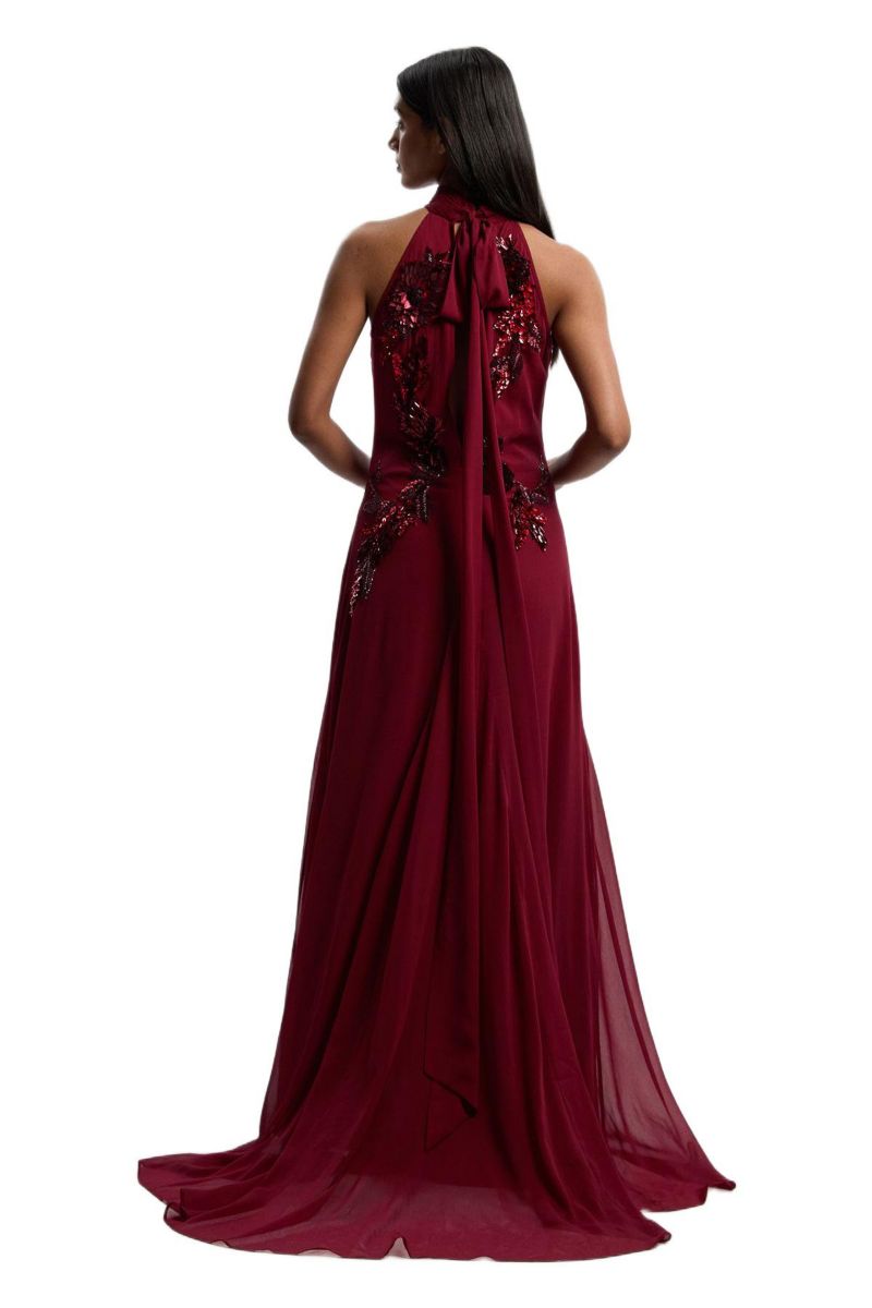 Women's Feather Embellished Halter Maxi Dress