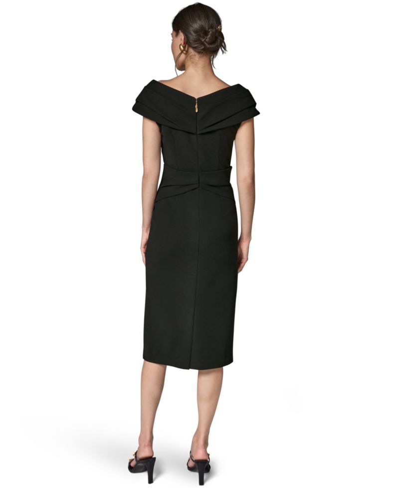 Women's Portrait Neck Sheath Midi Dress With Hardware