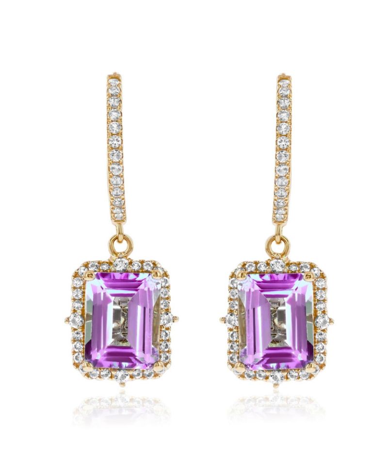 Suzy Levian Sterling Silver Emerald Cut Gemstone Halo Dangling Earrings