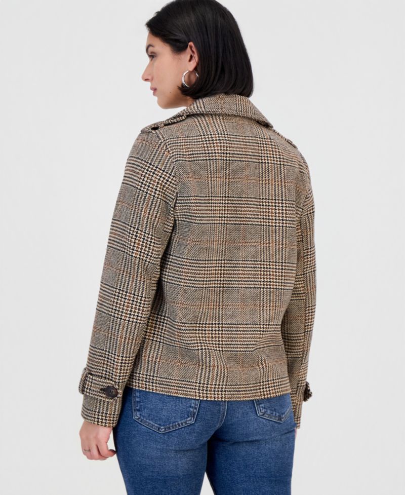Juniors' Double-Breasted Plaid Notch-Collar Pea Coat