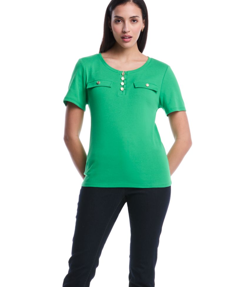 Petite Welt Pocket Button Detail Short-Sleeve Top