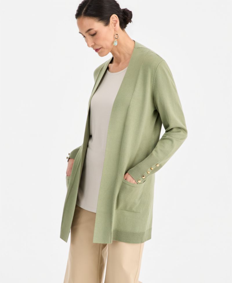 Petite Open-Front Button-Cuff Cardigan Sweater