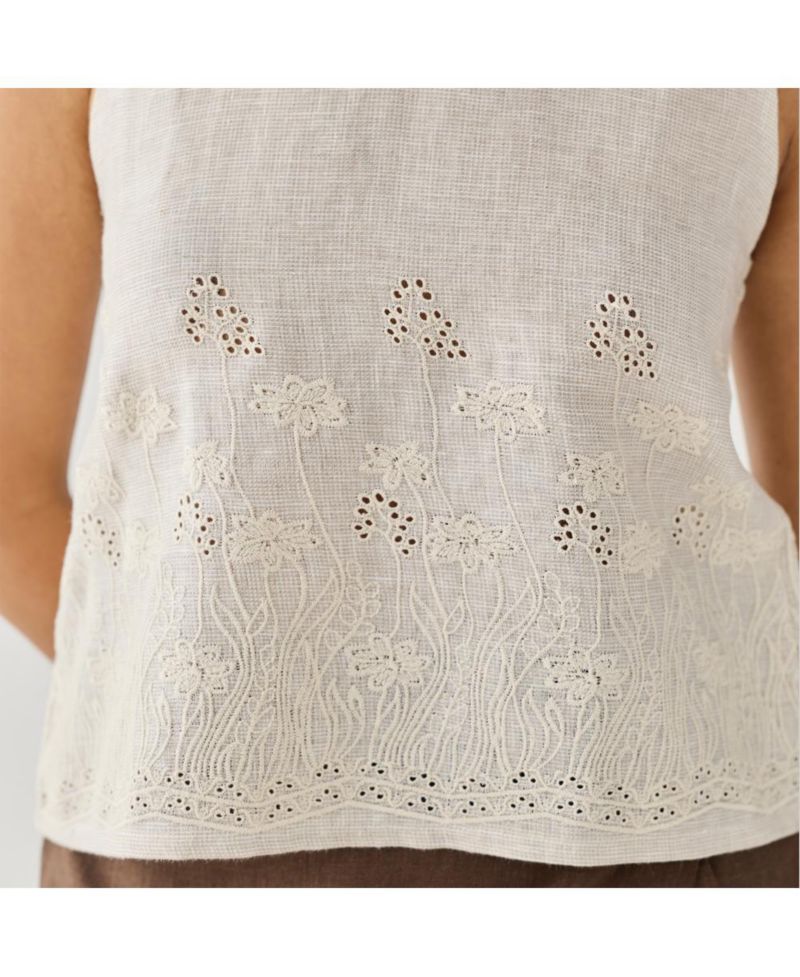 Women's Checkered Linen Embroidered Button-Back Top