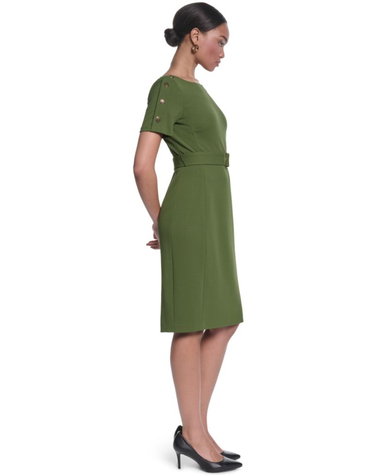 Women's Scuba Crepe Sheath with Shoulder Buttons Dress