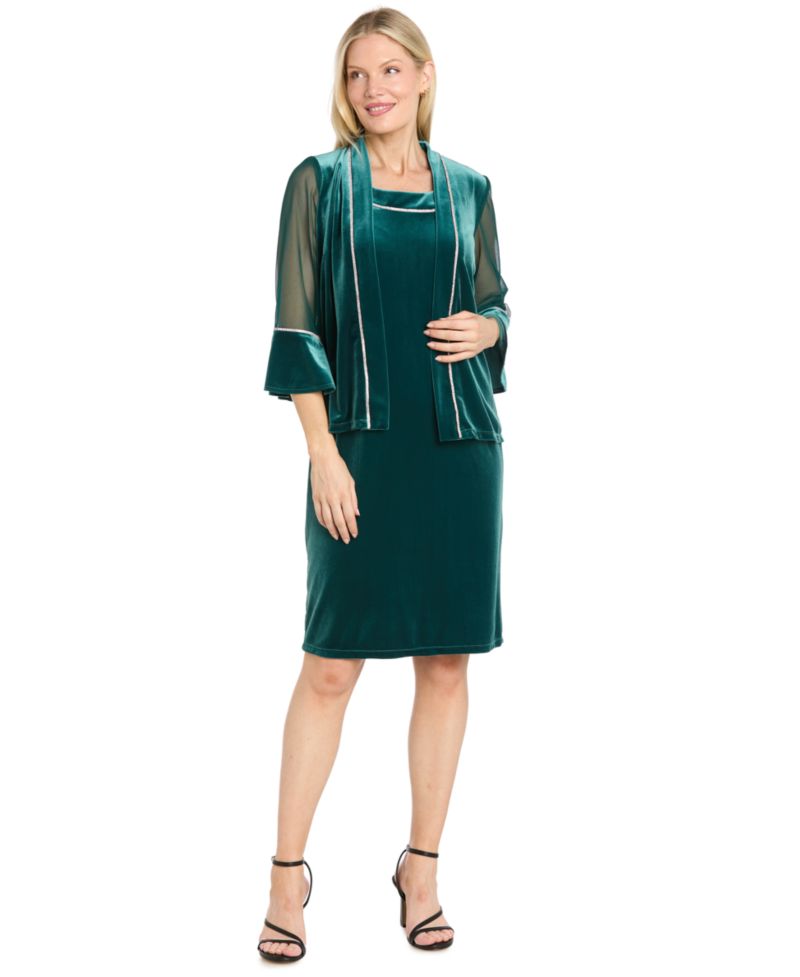 Petite Velvet Bead-Trim Removable-Jacket Dress and Jacket, 2-Piece Set