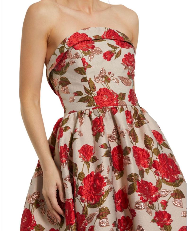 Women's Brocade Strapless Floral Gown With Ruffle Hem