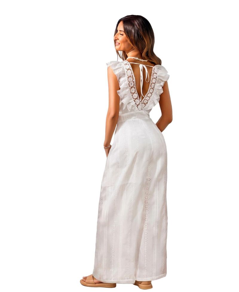 Women's Wide-Leg Flutter-Sleeve Eyelet Jumpsuit