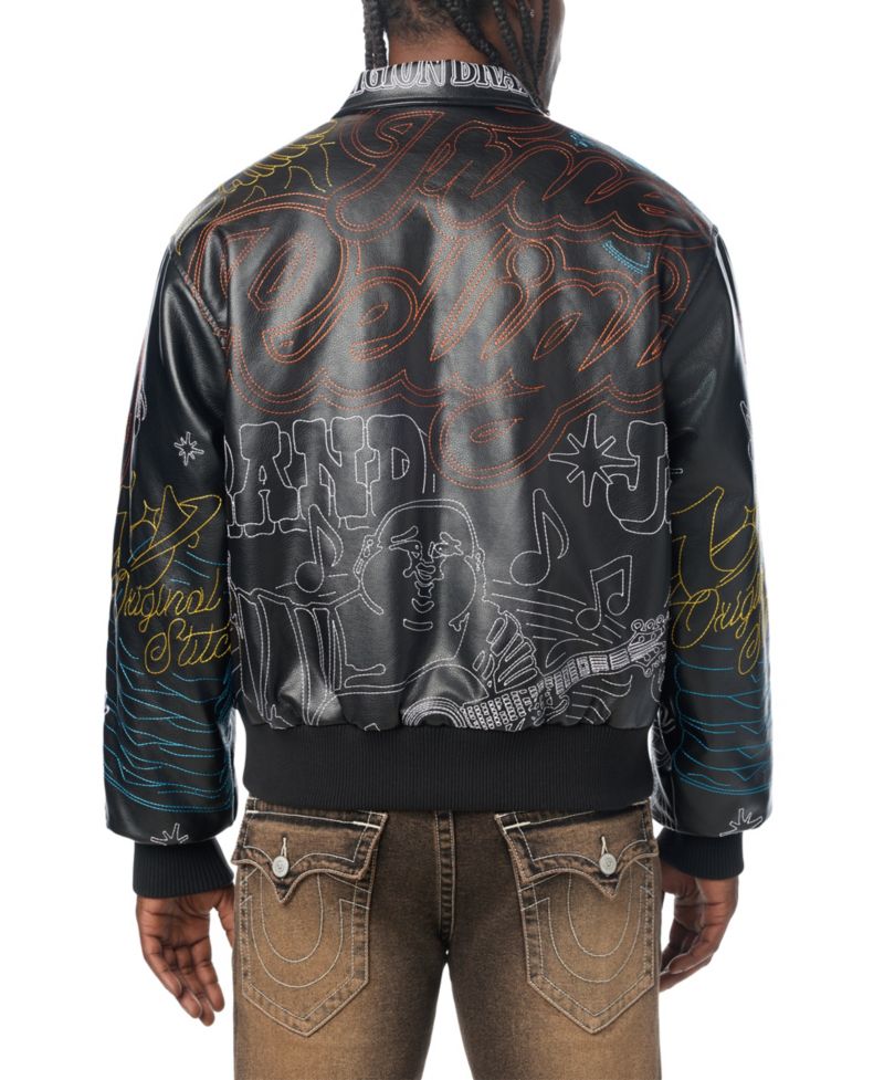 Men's Trophy Retro Embroidered Faux Leather Bomber Jacket
